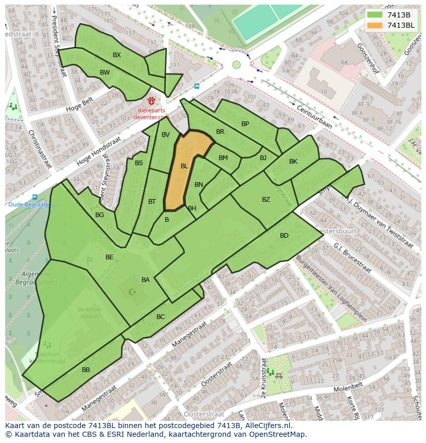 Afbeelding van het postcodegebied 7413 BL op de kaart.