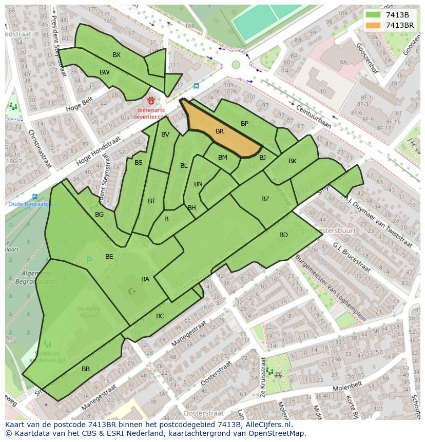 Afbeelding van het postcodegebied 7413 BR op de kaart.