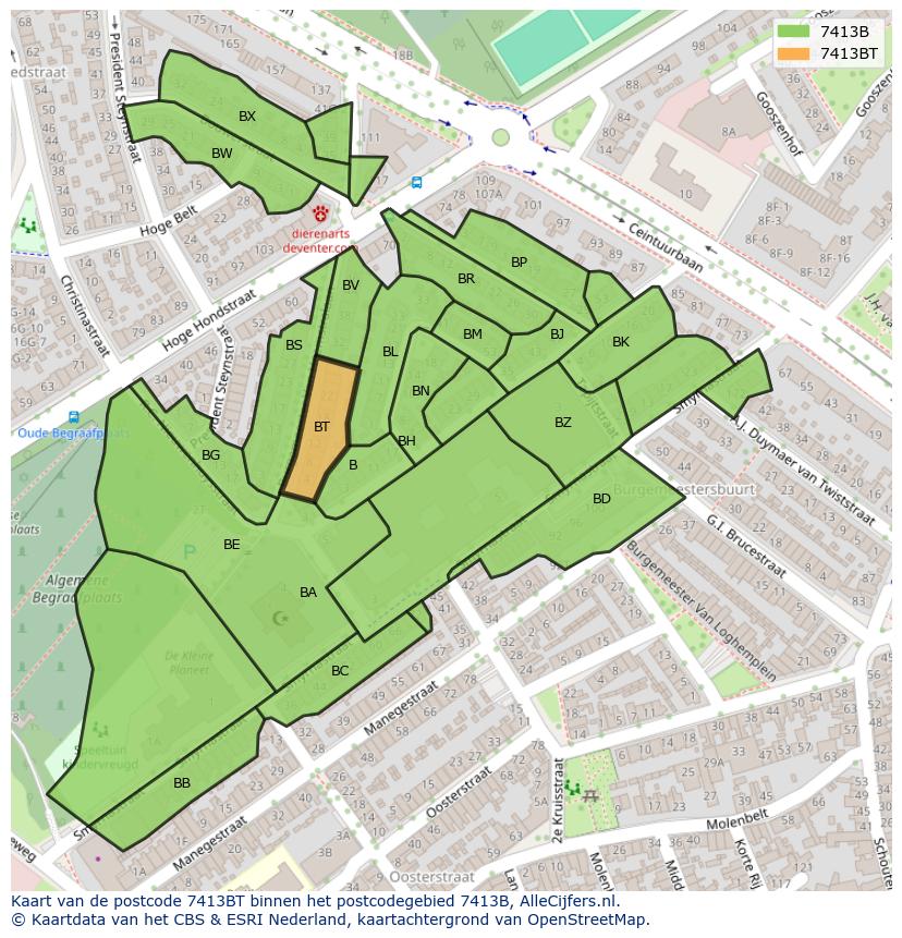 Afbeelding van het postcodegebied 7413 BT op de kaart.