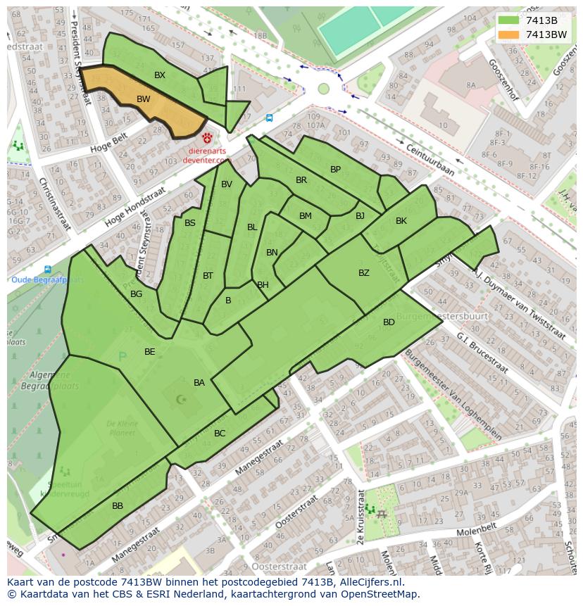Afbeelding van het postcodegebied 7413 BW op de kaart.