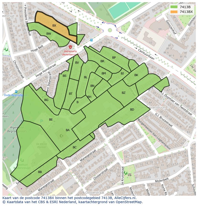 Afbeelding van het postcodegebied 7413 BX op de kaart.