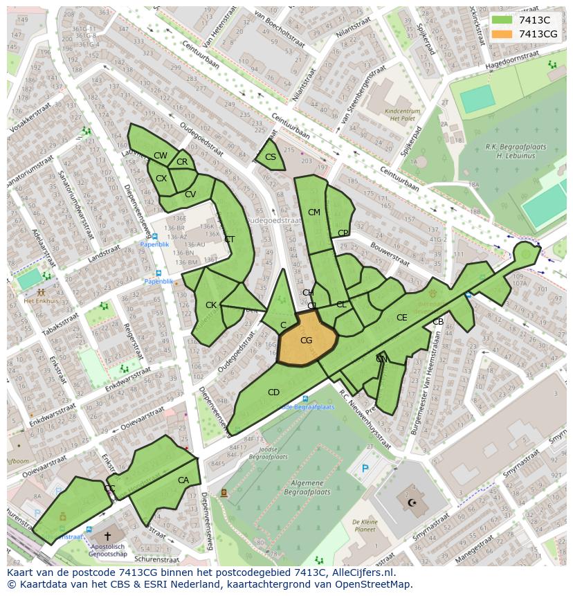 Afbeelding van het postcodegebied 7413 CG op de kaart.