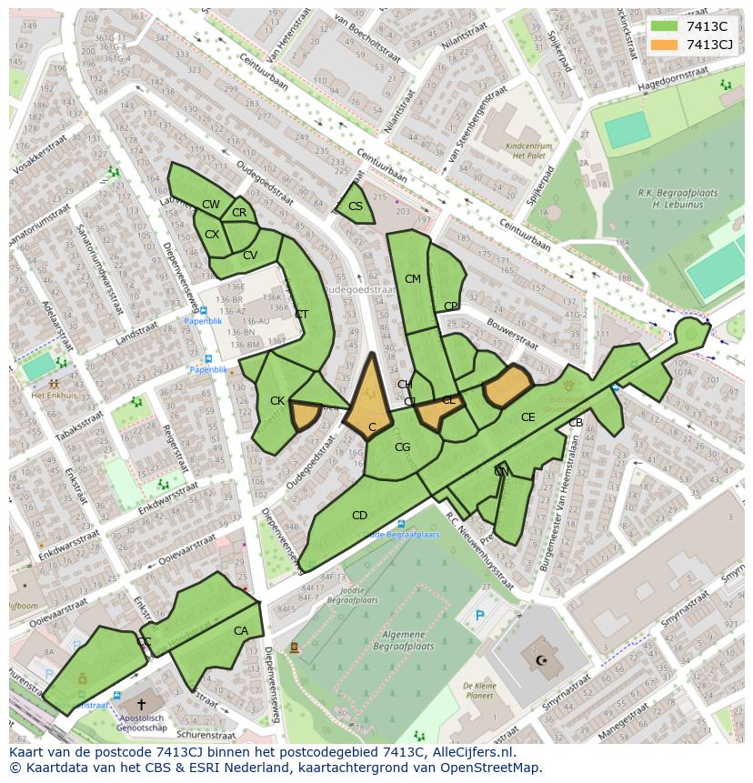 Afbeelding van het postcodegebied 7413 CJ op de kaart.