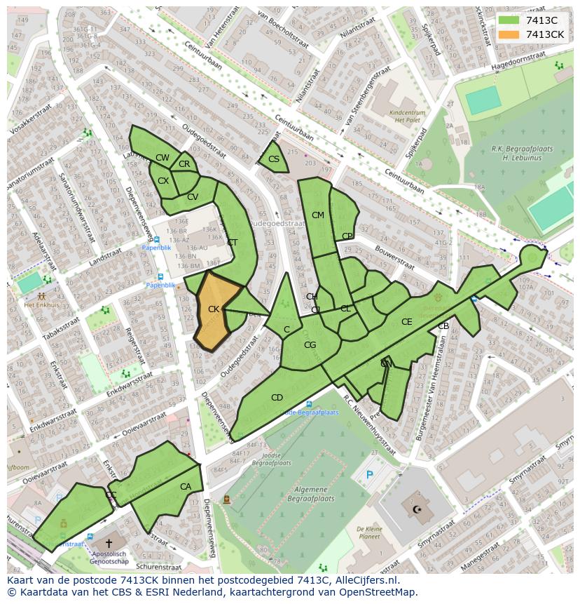 Afbeelding van het postcodegebied 7413 CK op de kaart.