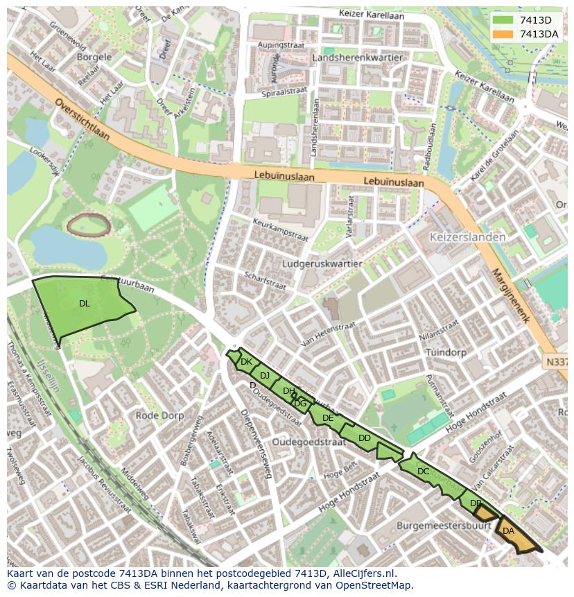 Afbeelding van het postcodegebied 7413 DA op de kaart.