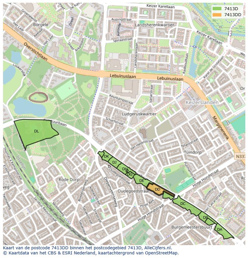 Afbeelding van het postcodegebied 7413 DD op de kaart.