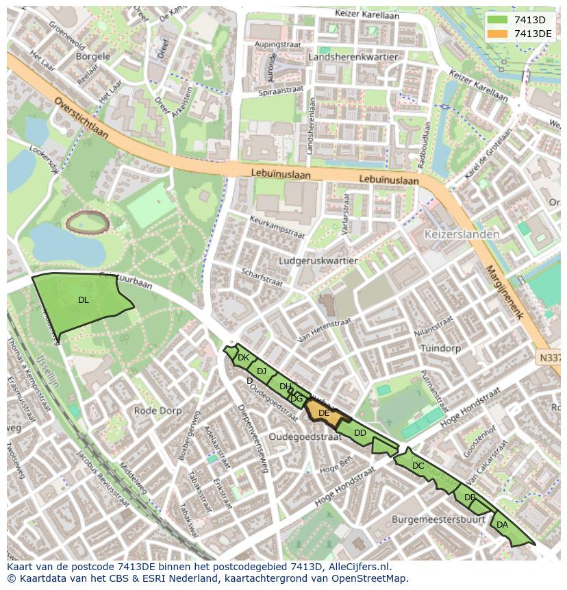 Afbeelding van het postcodegebied 7413 DE op de kaart.