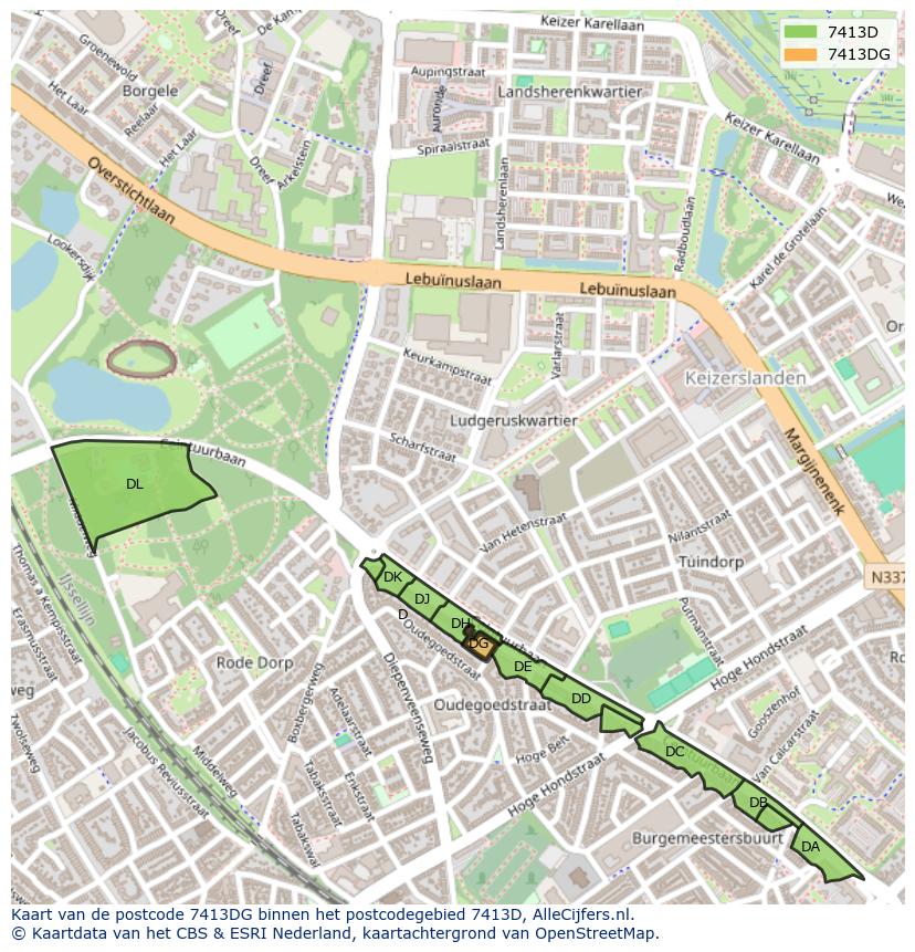 Afbeelding van het postcodegebied 7413 DG op de kaart.