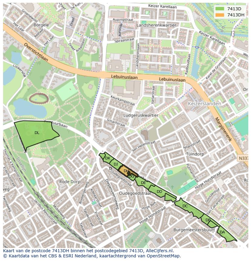 Afbeelding van het postcodegebied 7413 DH op de kaart.