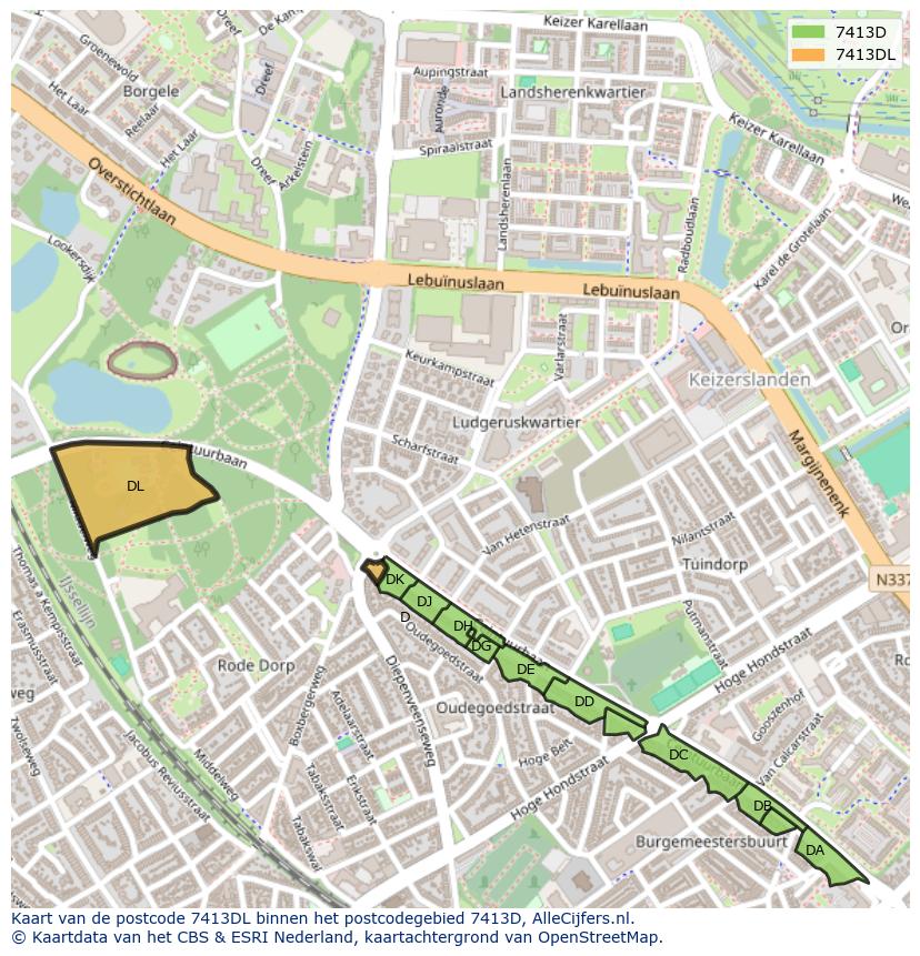 Afbeelding van het postcodegebied 7413 DL op de kaart.