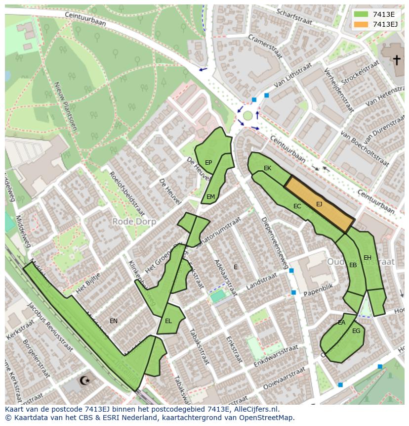 Afbeelding van het postcodegebied 7413 EJ op de kaart.