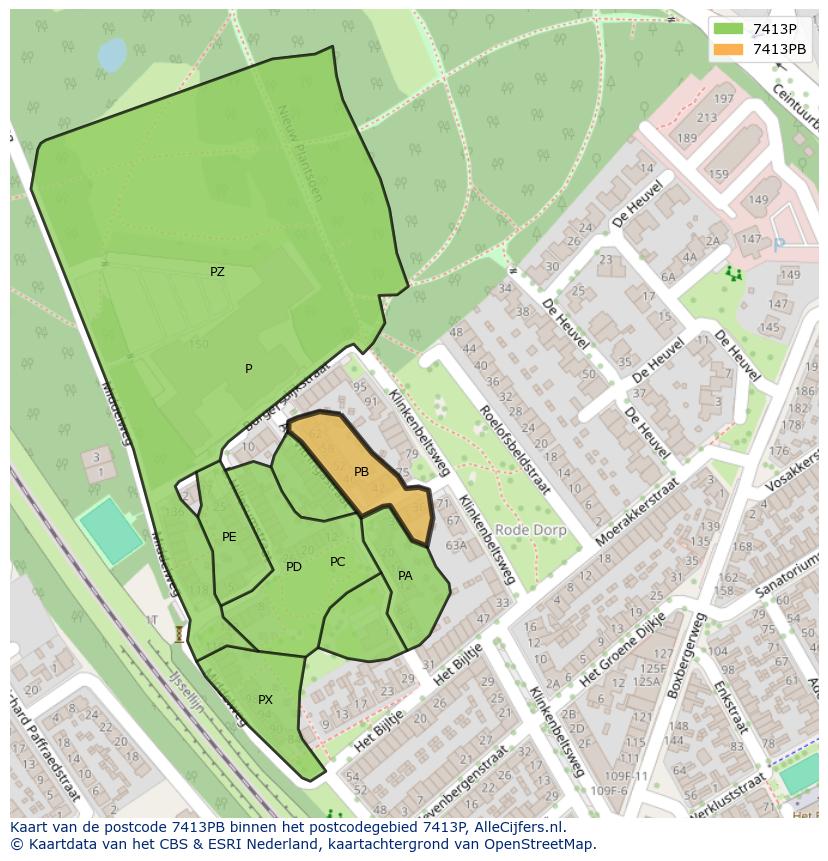 Afbeelding van het postcodegebied 7413 PB op de kaart.
