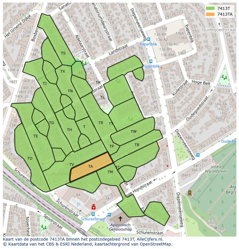 Afbeelding van het postcodegebied 7413 TA op de kaart.