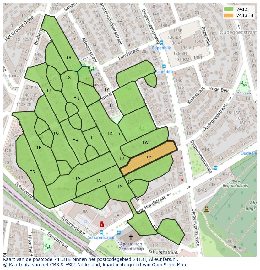 Afbeelding van het postcodegebied 7413 TB op de kaart.