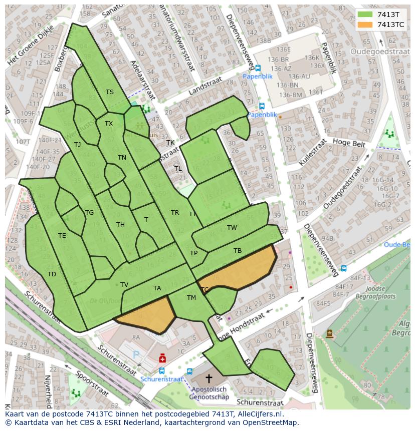 Afbeelding van het postcodegebied 7413 TC op de kaart.
