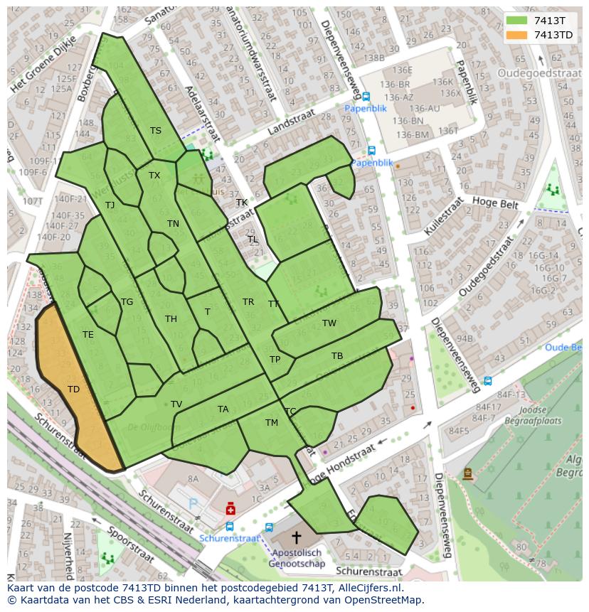 Afbeelding van het postcodegebied 7413 TD op de kaart.