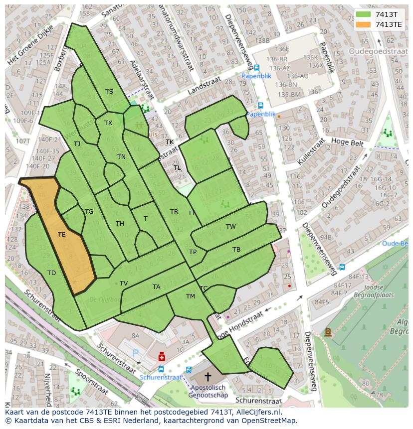 Afbeelding van het postcodegebied 7413 TE op de kaart.