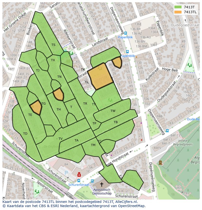 Afbeelding van het postcodegebied 7413 TL op de kaart.