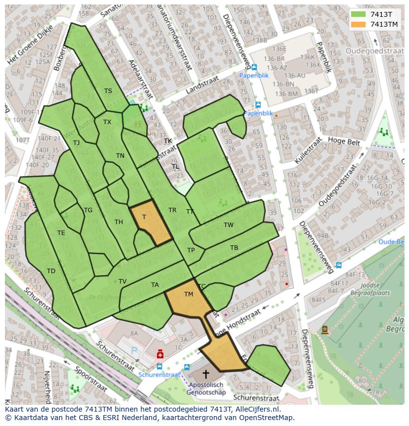 Afbeelding van het postcodegebied 7413 TM op de kaart.