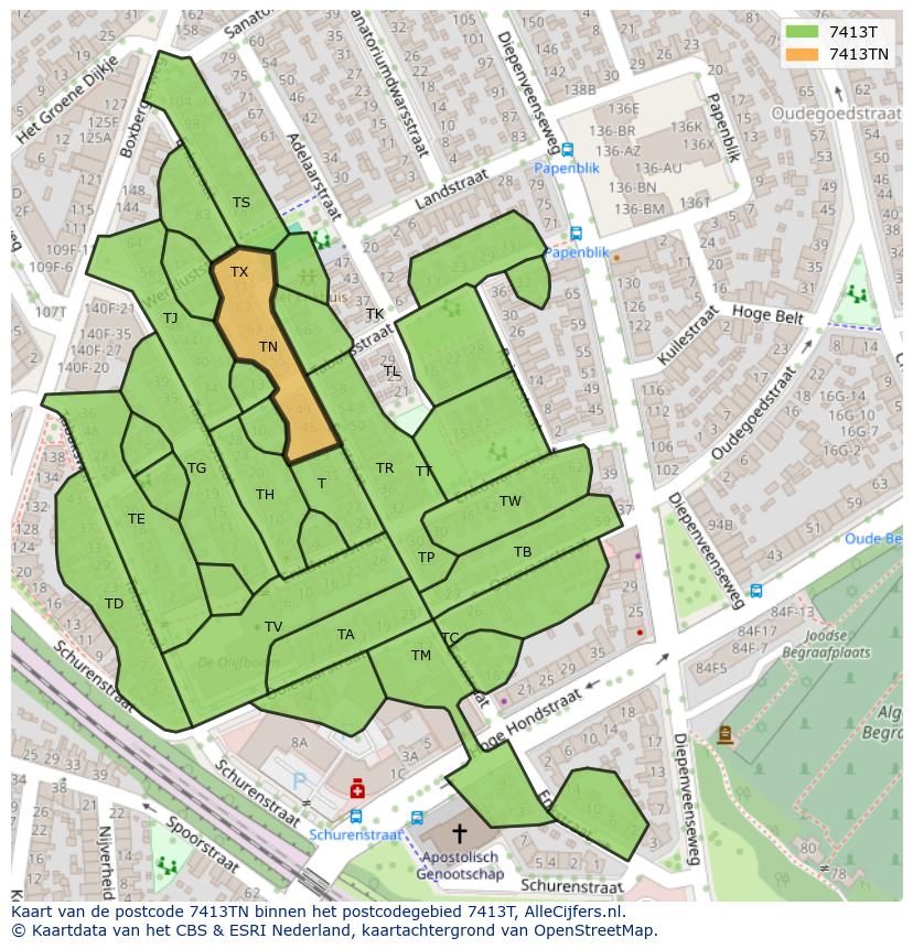 Afbeelding van het postcodegebied 7413 TN op de kaart.