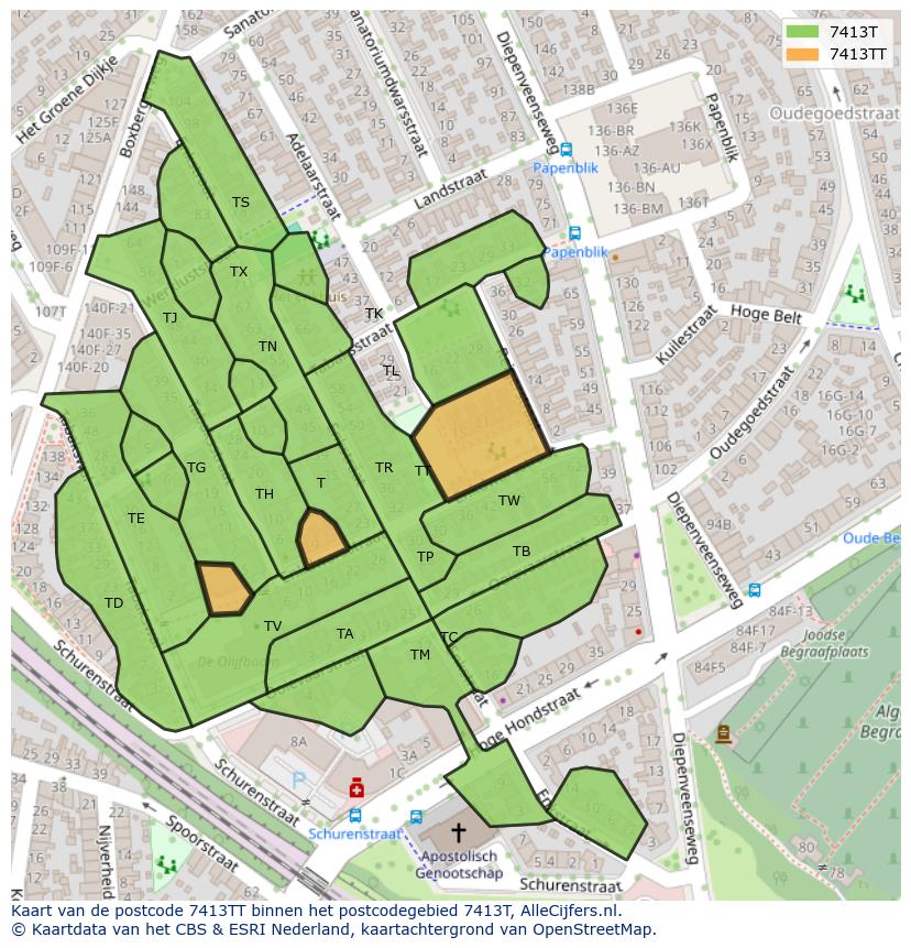 Afbeelding van het postcodegebied 7413 TT op de kaart.