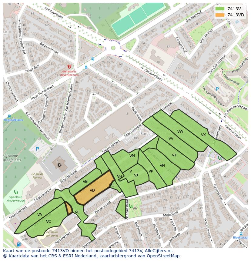Afbeelding van het postcodegebied 7413 VD op de kaart.