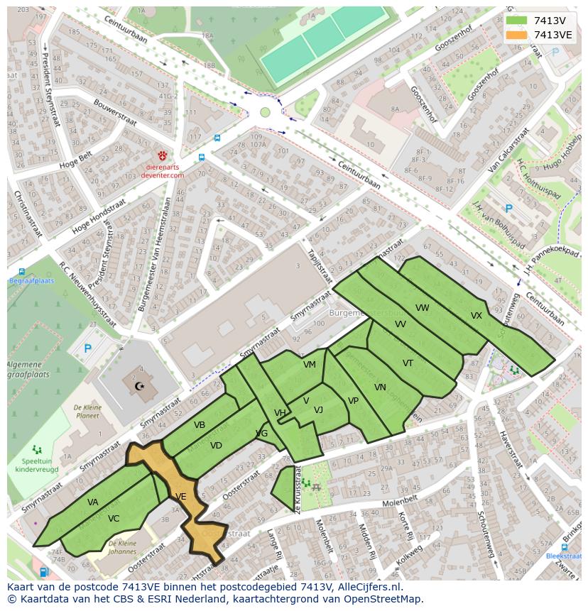 Afbeelding van het postcodegebied 7413 VE op de kaart.
