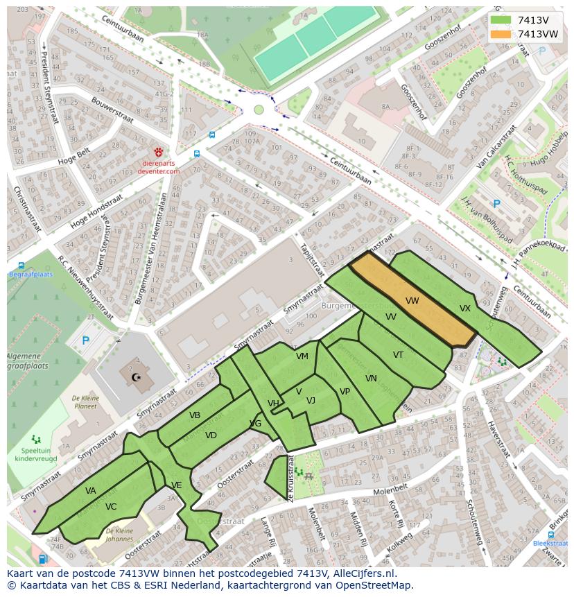 Afbeelding van het postcodegebied 7413 VW op de kaart.