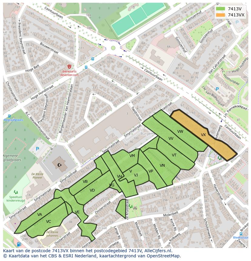 Afbeelding van het postcodegebied 7413 VX op de kaart.