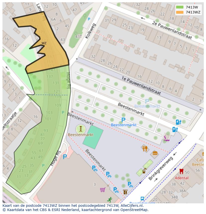 Afbeelding van het postcodegebied 7413 WZ op de kaart.