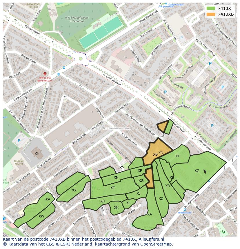 Afbeelding van het postcodegebied 7413 XB op de kaart.