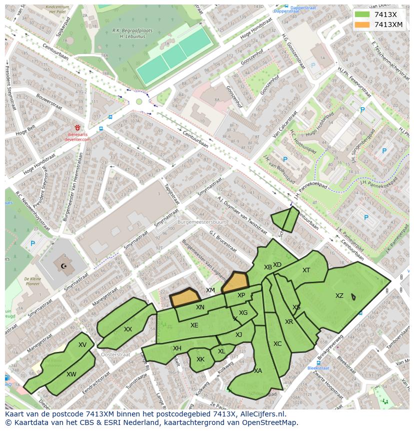 Afbeelding van het postcodegebied 7413 XM op de kaart.