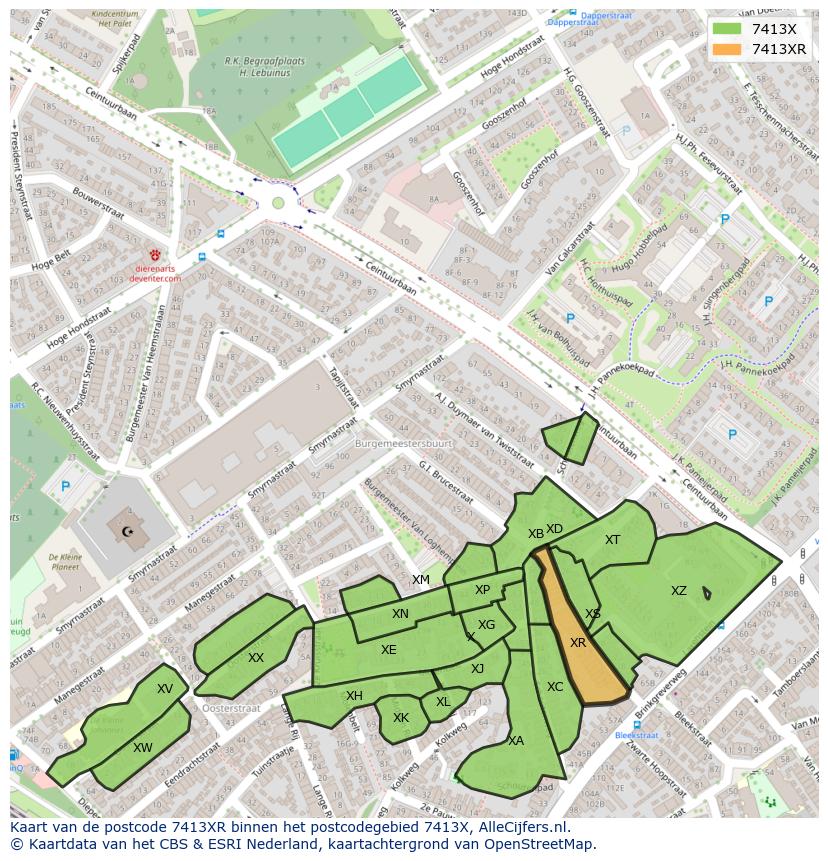 Afbeelding van het postcodegebied 7413 XR op de kaart.