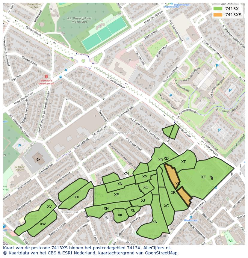 Afbeelding van het postcodegebied 7413 XS op de kaart.