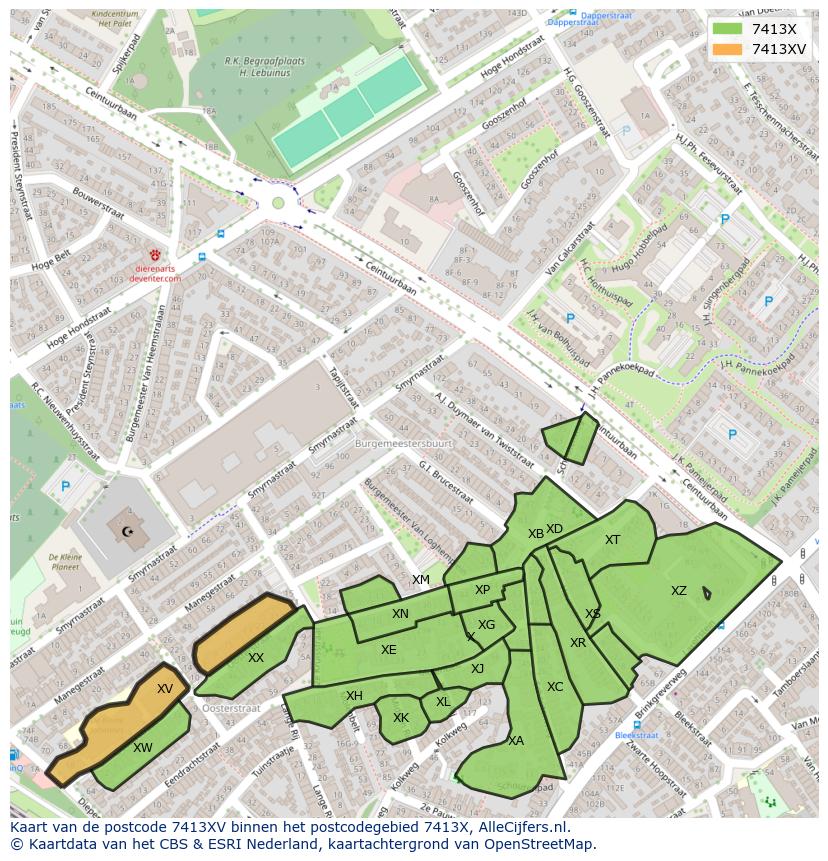 Afbeelding van het postcodegebied 7413 XV op de kaart.