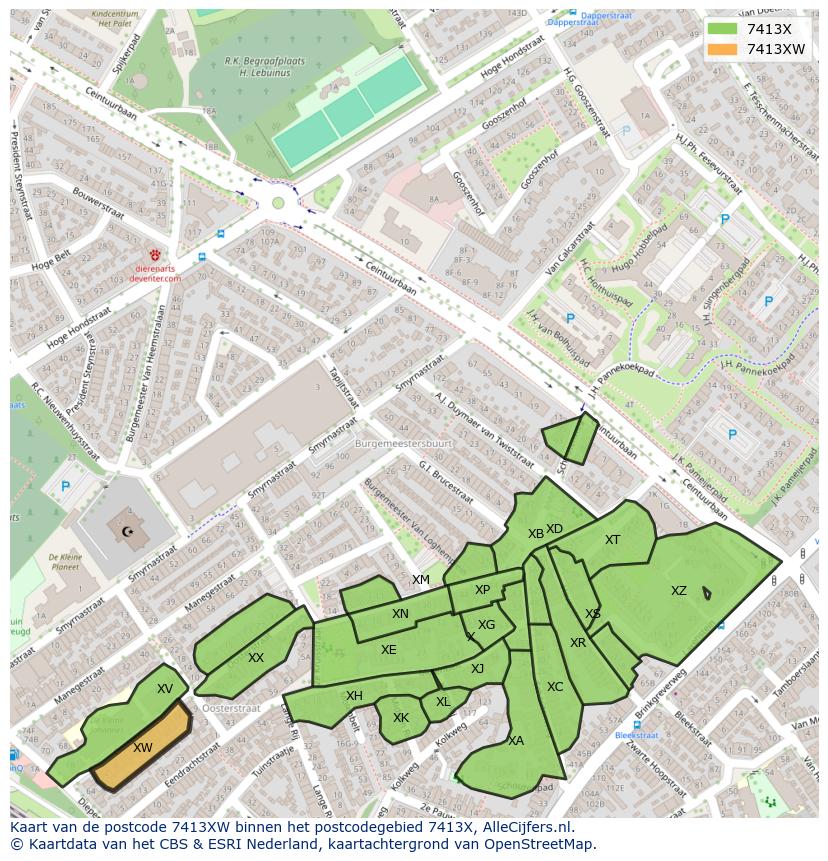 Afbeelding van het postcodegebied 7413 XW op de kaart.