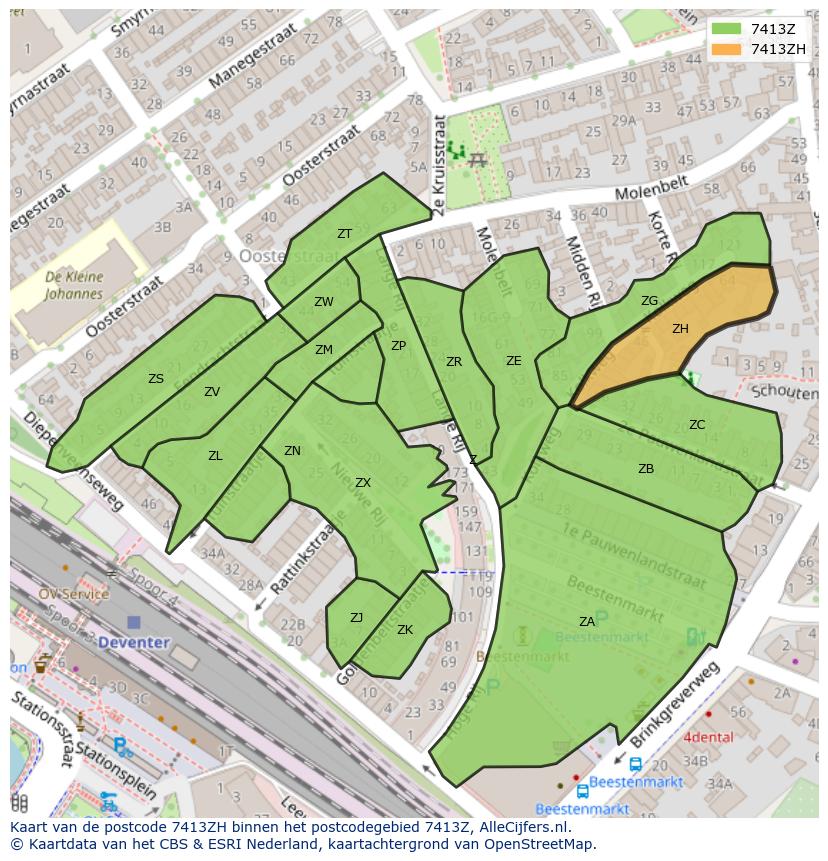 Afbeelding van het postcodegebied 7413 ZH op de kaart.