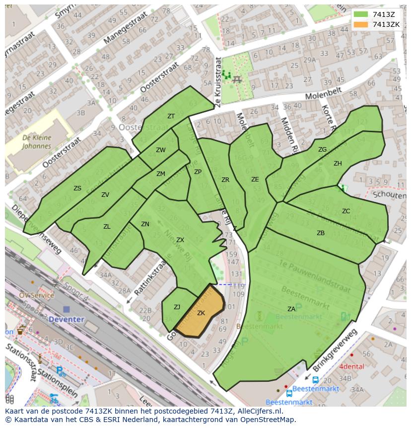 Afbeelding van het postcodegebied 7413 ZK op de kaart.