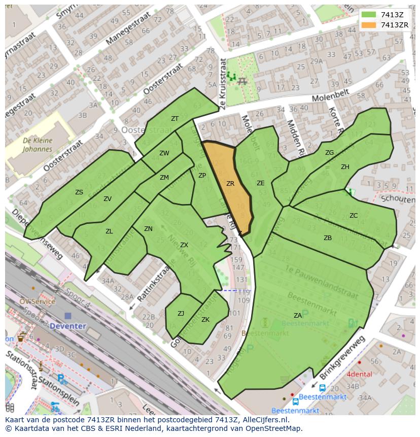 Afbeelding van het postcodegebied 7413 ZR op de kaart.