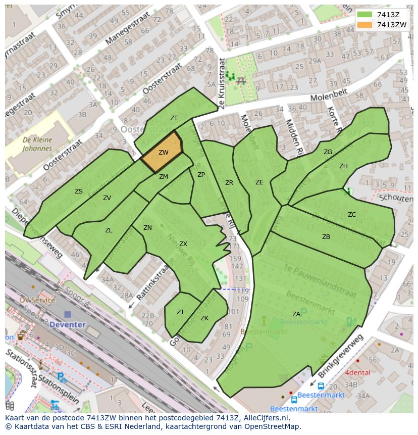 Afbeelding van het postcodegebied 7413 ZW op de kaart.