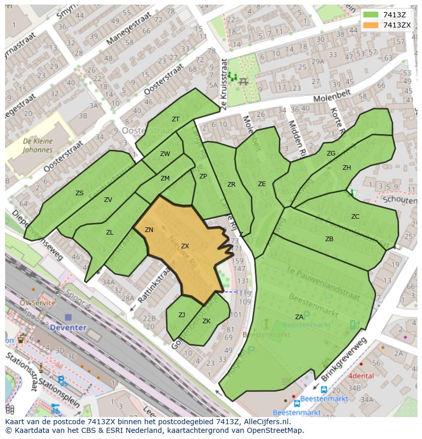 Afbeelding van het postcodegebied 7413 ZX op de kaart.