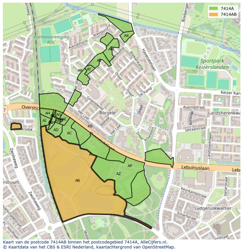 Afbeelding van het postcodegebied 7414 AB op de kaart.