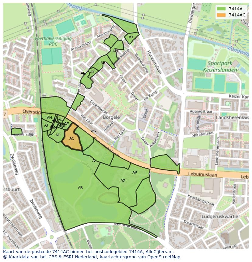 Afbeelding van het postcodegebied 7414 AC op de kaart.
