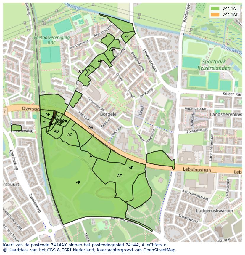 Afbeelding van het postcodegebied 7414 AK op de kaart.