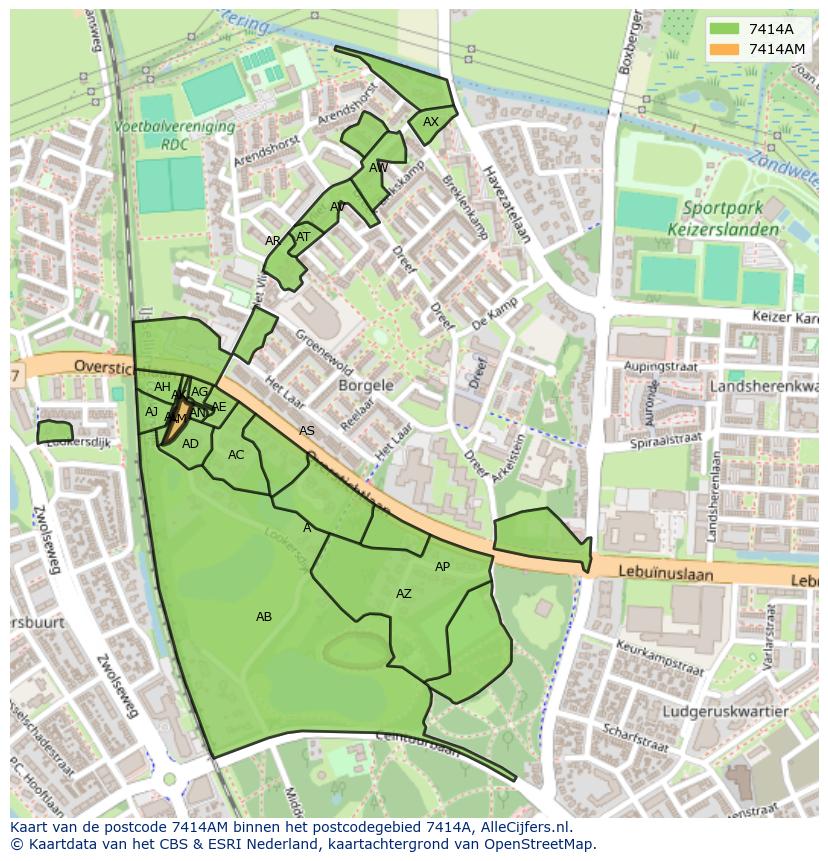 Afbeelding van het postcodegebied 7414 AM op de kaart.