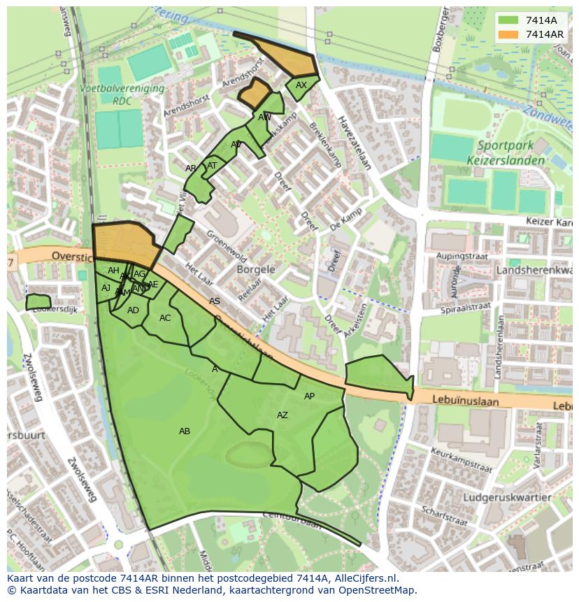 Afbeelding van het postcodegebied 7414 AR op de kaart.