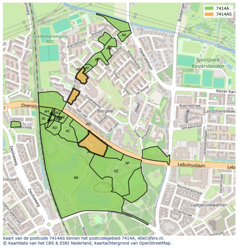 Afbeelding van het postcodegebied 7414 AS op de kaart.