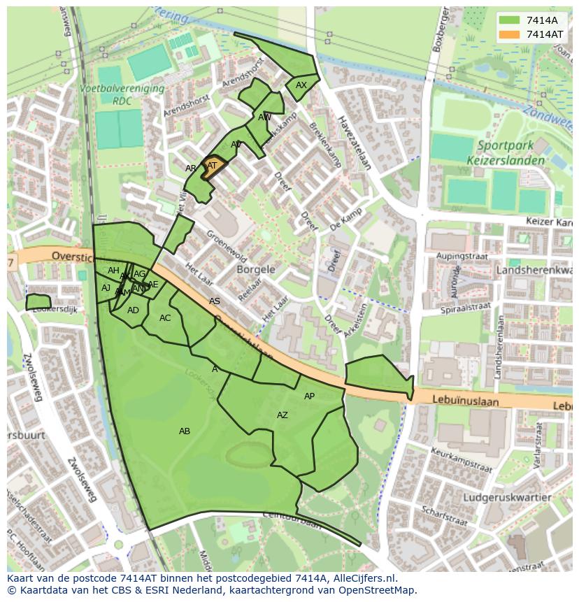 Afbeelding van het postcodegebied 7414 AT op de kaart.