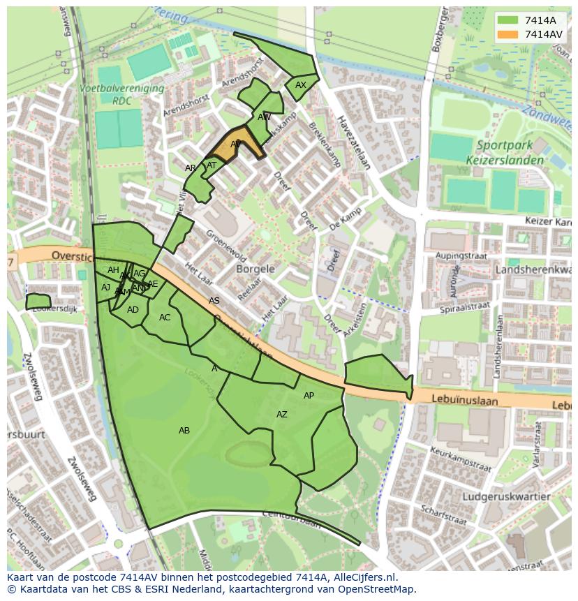 Afbeelding van het postcodegebied 7414 AV op de kaart.