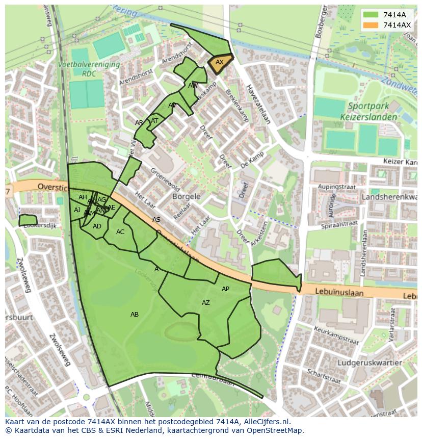 Afbeelding van het postcodegebied 7414 AX op de kaart.